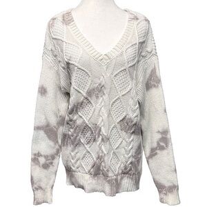 Sonoma Splatter Tie Dye Cable Knit V-Neck Sweater Ivory Gray Medium